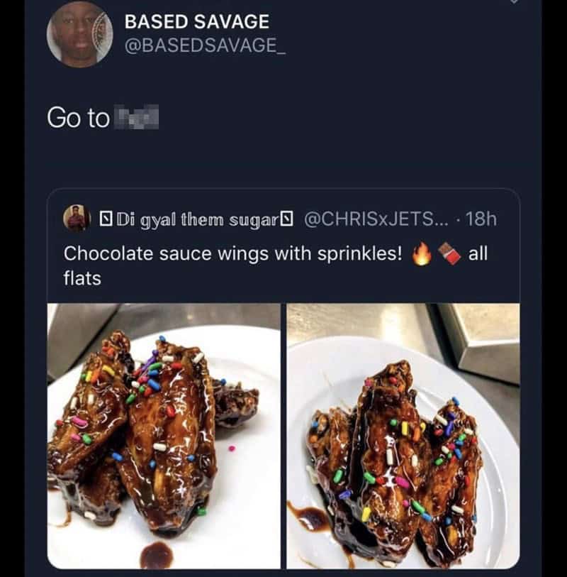 Screenshot of a controversial social media post showing chicken wings topped with chocolate and sprinkles.