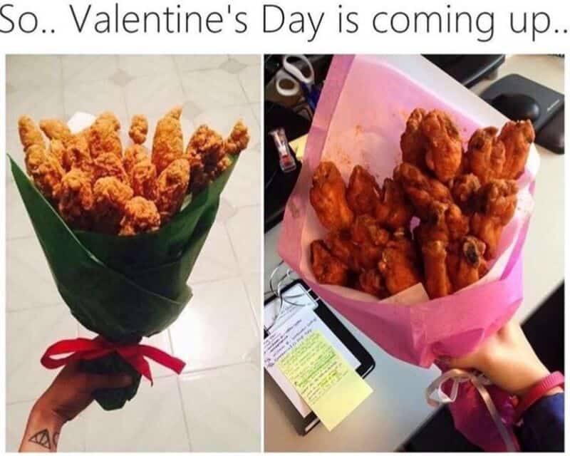 Two photos of edible bouquets made of fried chicken and Buffalo wings for Valentine's Day.