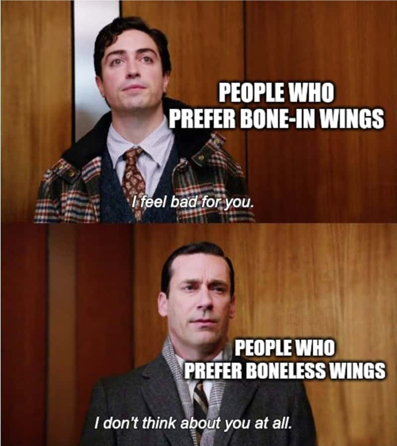 Mad Men meme featuring Don Draper and Michael Ginsberg debating bone-in versus boneless wings.