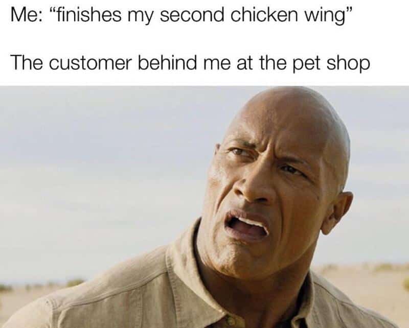 The Rock looking confused and disgusted with a caption about eating wings at a pet shop.