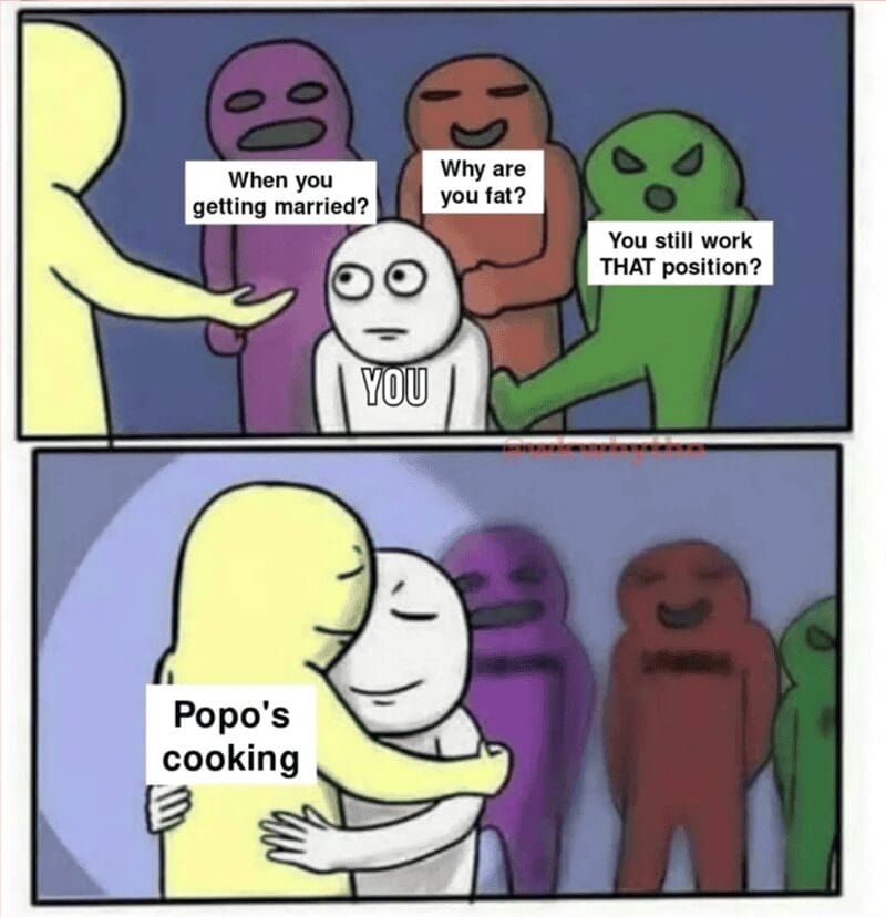 A wholesome Chinese New Year meme comic where a person ignores judging relatives asking "Why are you fat?" to lovingly hug a yellow figure labeled "Popo's cooking."