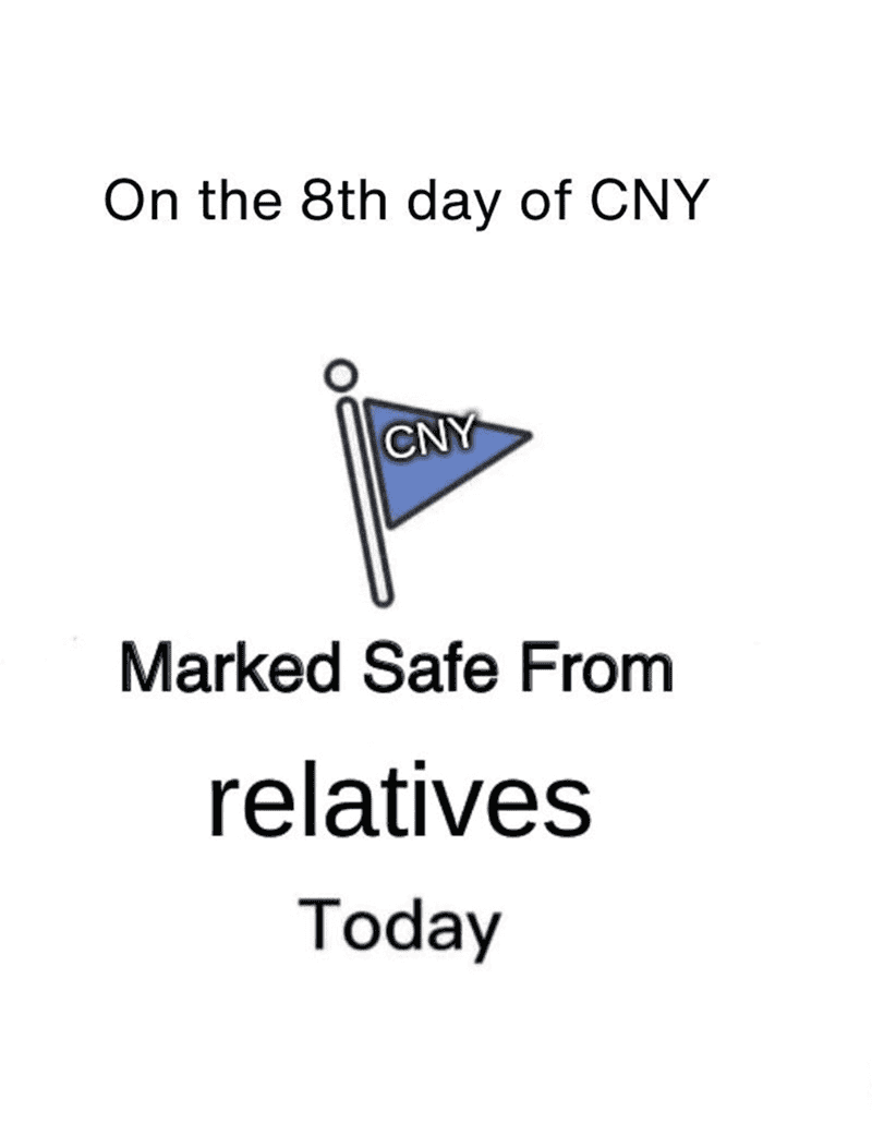 A social survival Lunar New Year meme parodying the Facebook Safety Check feature, declaring the user "Marked Safe From relatives Today" on the 8th day of the festival.