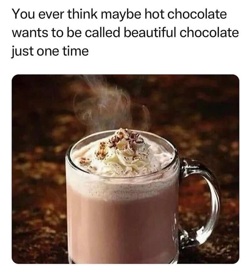 A steaming mug of hot chocolate with whipped cream and a caption about calling it beautiful.