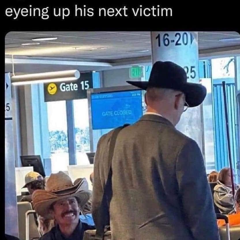 A dark humor classic meme featuring Lalo Salamanca from Better Call Saul smiling menacingly at an unaware traveler at an airport gate, captioned "eyeing up his next victim."