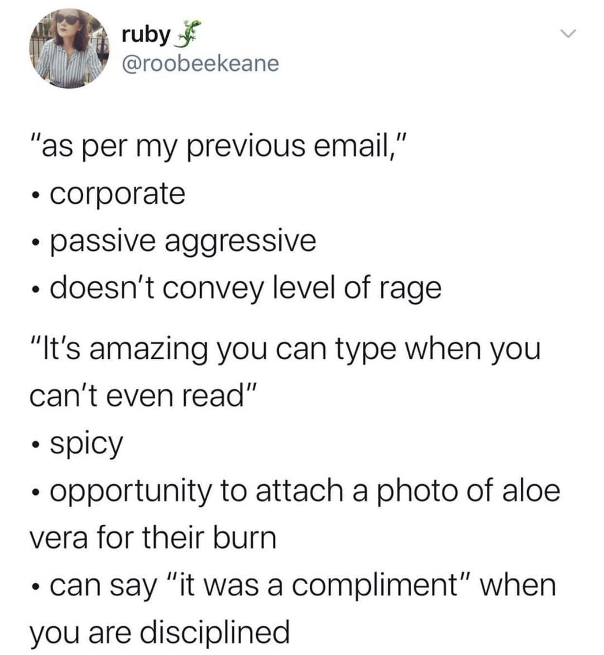 A highly relatable classic meme comparing the polite corporate phrase "as per my previous email" to the much spicier and brutally honest alternative, "It's amazing you can type when you can't even read".