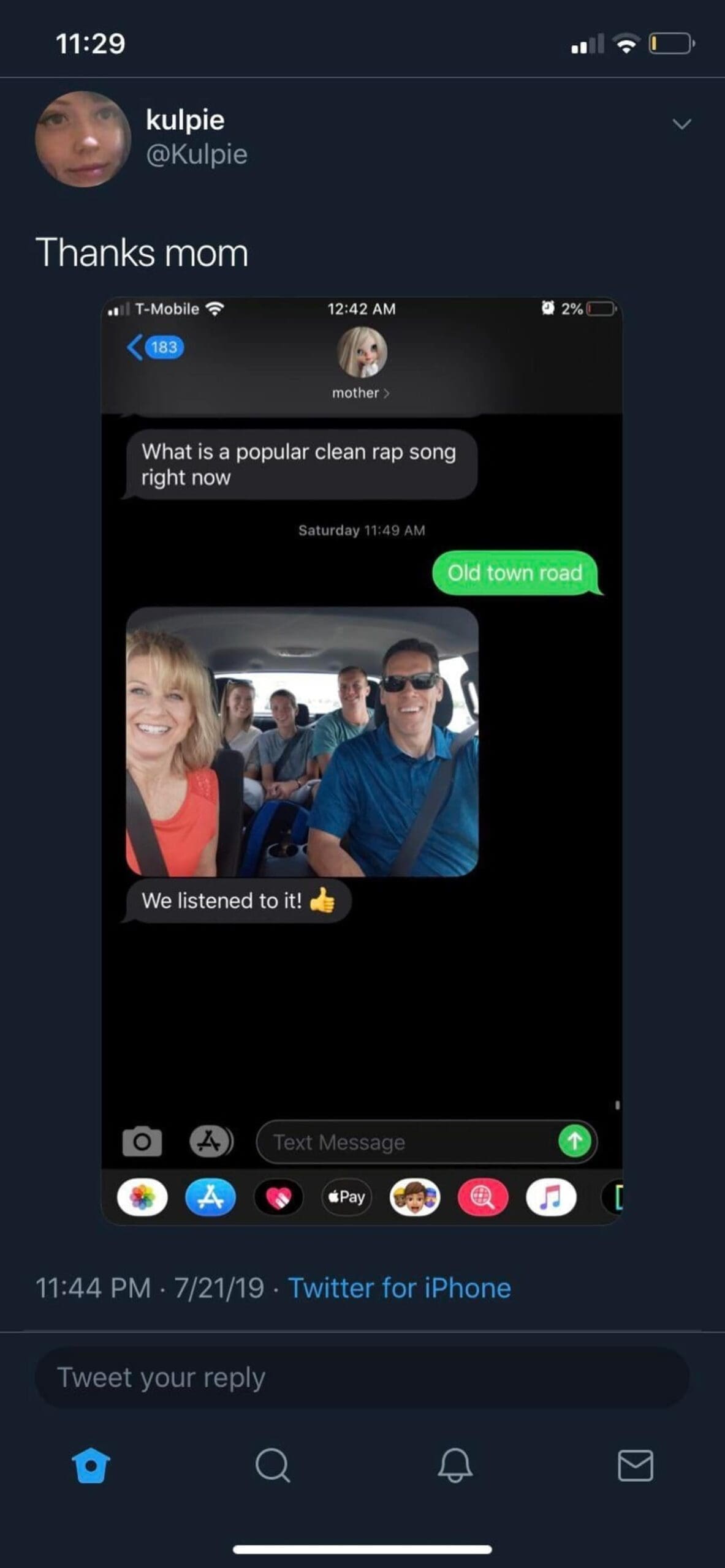 A viral tweet showing a wholesome text exchange where a mom asks for a clean rap song, plays "Old Town Road," and loves it.