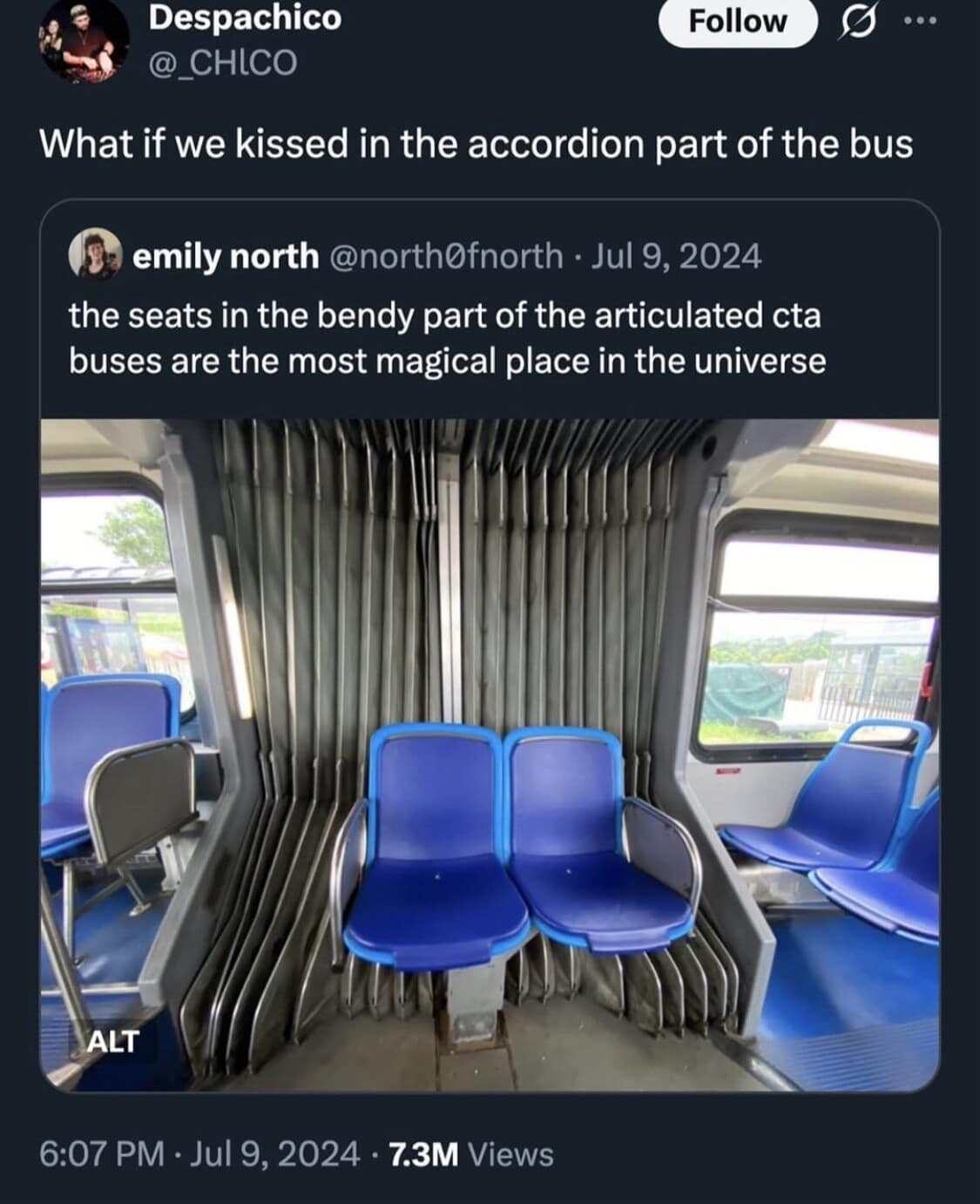 A romantic old meme proposing a date in the "accordion part of the bus," describing the bendy section's seats as "the most magical place in the universe."