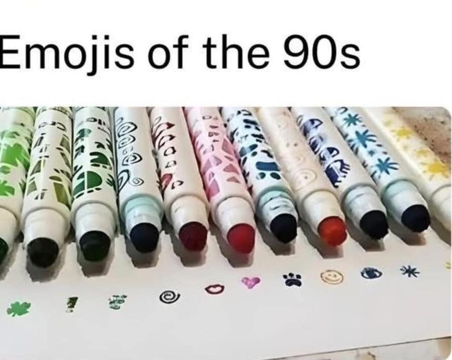 Row of 90s Crayola stamp markers showing shapes like hearts and stars. Nostalgic old memes comparing them to modern emojis.