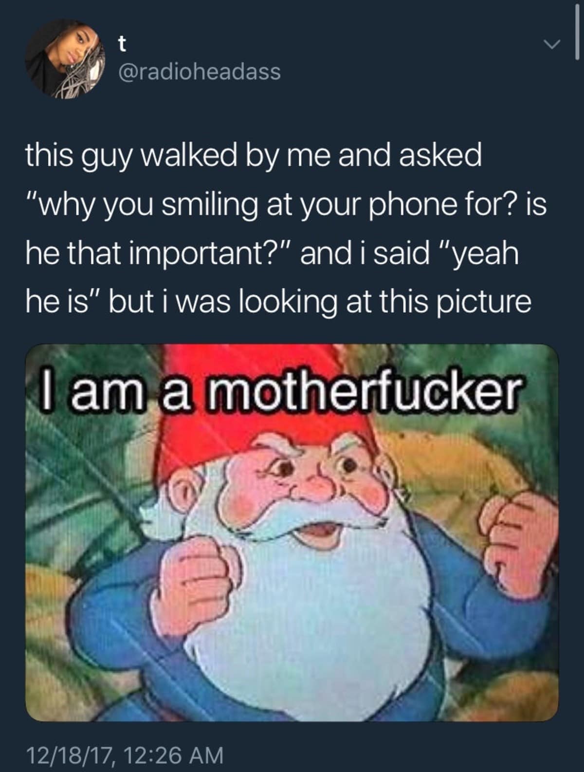 Retro cartoon gnome with clenched fists saying I am a motherf*cker. A funny reaction image used to smile at phones.