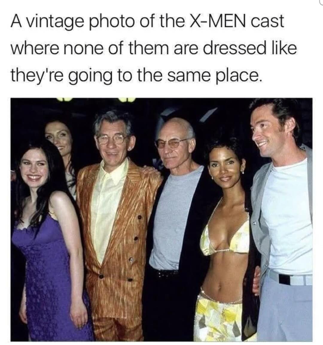 A nostalgic classic meme photo roasting the early 2000s X-Men cast for attending a premiere dressed for five completely different events, from beachwear to black tie.