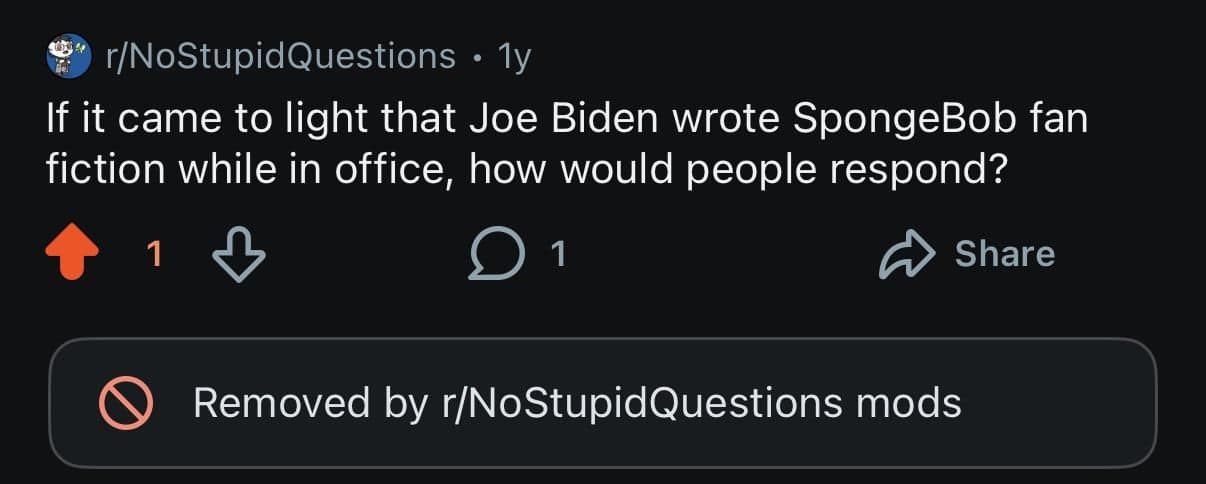 A hilarious old meme Reddit screenshot asking the oddly specific political question: "If it came to light that Joe Biden wrote SpongeBob fan fiction while in office, how would people respond?"