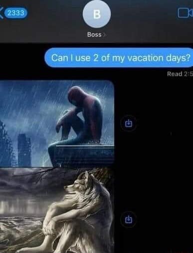 A classic meme text exchange where an employee asks a boss for vacation days using sad images of Spider-Man and a wolf in the rain.