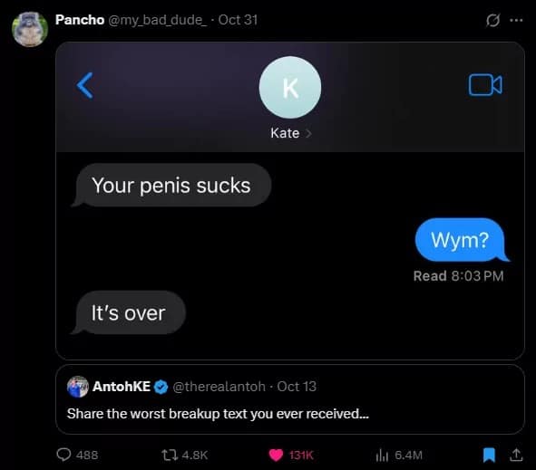 A viral tweet showing a brutal iMessage breakup text where the sender criticizes the recipient's anatomy before saying "It's over."