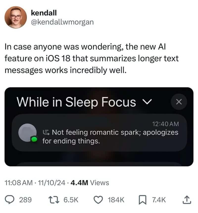 A viral tweet showing an iOS AI notification summarizing a breakup text as "Not feeling romantic spark; apologizes for ending things."