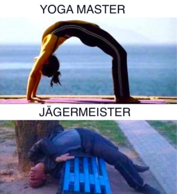 A vintage meme comparing a flexible yoga master in a backbend to a drunk man passed out on a park bench in the exact same position.