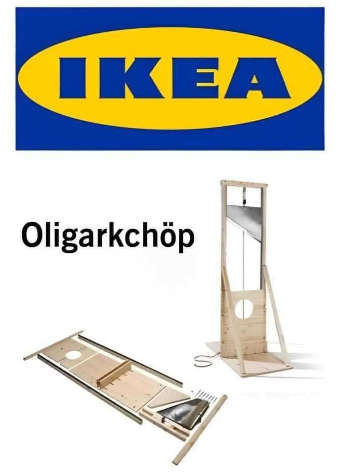 A satirical classic meme showing a fake IKEA instruction manual for a DIY guillotine called "Oligarkchöp."