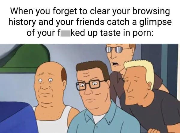 A classic meme featuring Hank Hill and friends from King of the Hill looking shocked at a computer screen, captioned about search history.