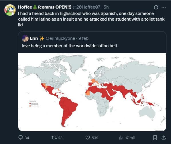 A chaotic classic meme thread defining the "worldwide Latino belt," accompanied by a wild story about a Spanish student defending his heritage with a "toilet tank lid."