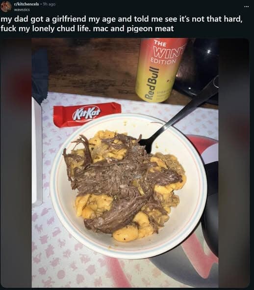 A viral tweet showing a depression meal of "mac and pigeon meat" (Red Bull and KitKat) alongside a complaint about a lonely life.