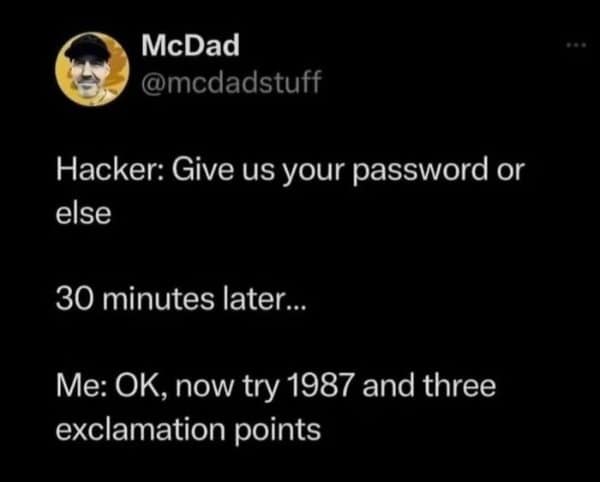 Joke about frustrating a hacker by having a terribly complex password ending in a birth year and three exclamation points.