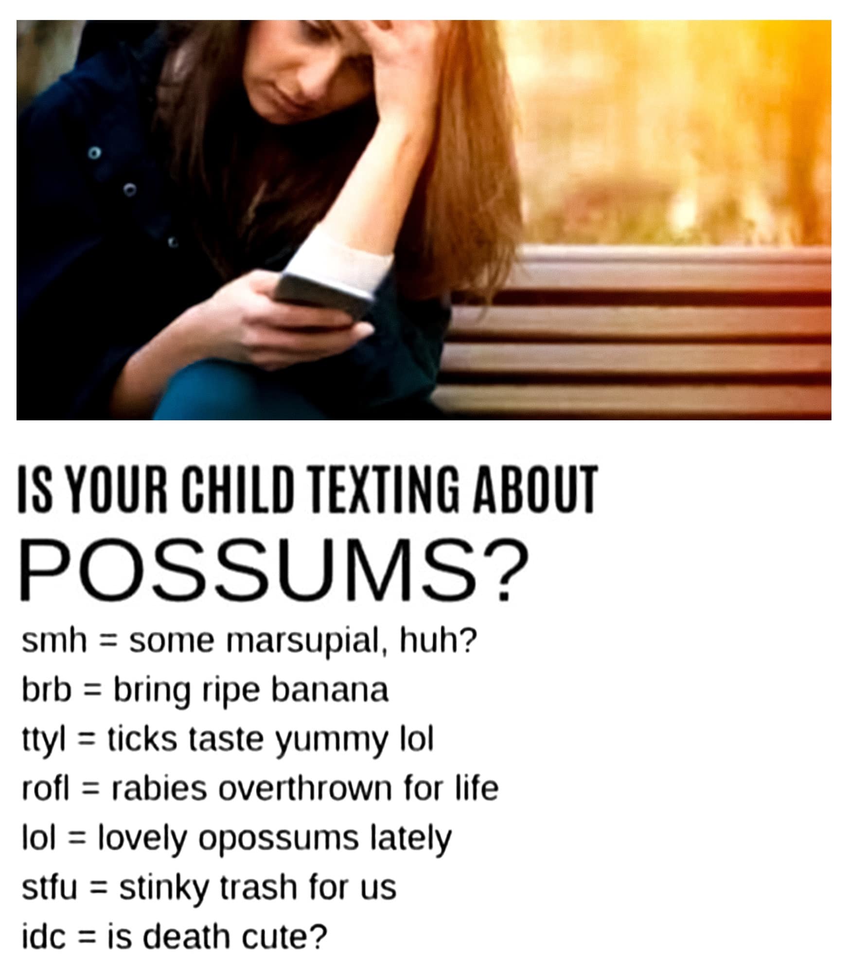 A hilarious classic meme parodying parental warning guides, asking "IS YOUR CHILD TEXTING ABOUT POSSUMS?" and providing absurd translations for common acronyms like "stfu" meaning "stinky trash for us" and "smh" meaning "some marsupial, huh?".