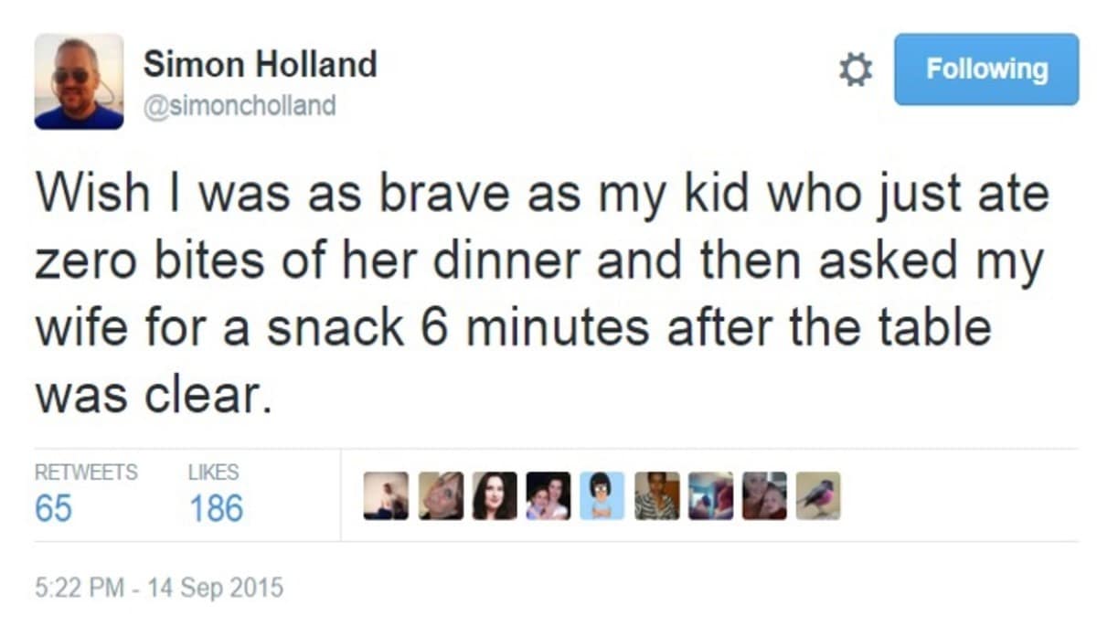 A highly relatable classic meme capturing the sheer audacity of toddlers, featuring a tweet where a dad wishes he had the courage of his kid who refused to eat dinner but boldly demanded a snack just six minutes after the table was cleared.
