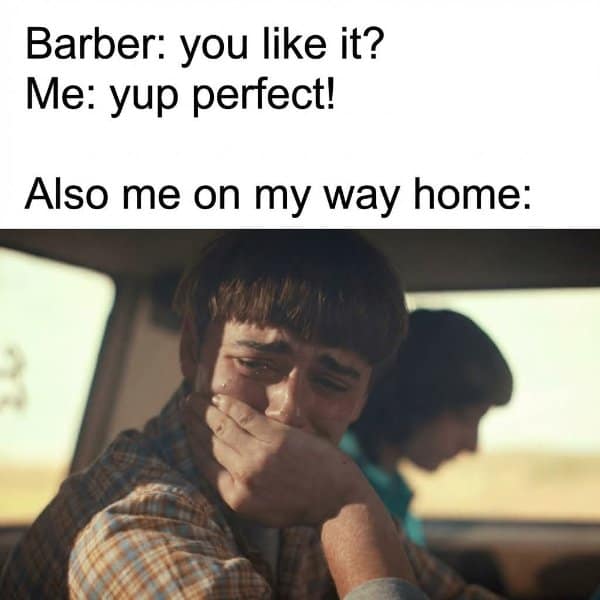 Will Byers crying in a car. Relatable classic meme about lying to the barber that you like a terrible haircut.