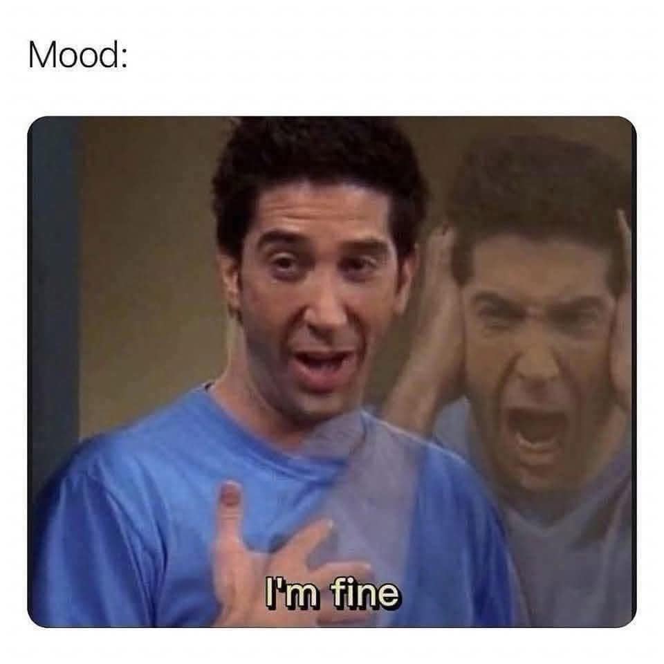 A "Mood" old meme featuring a blurred, screaming Ross Geller from Friends covering his ears to represent the internal panic of saying "I'm fine."