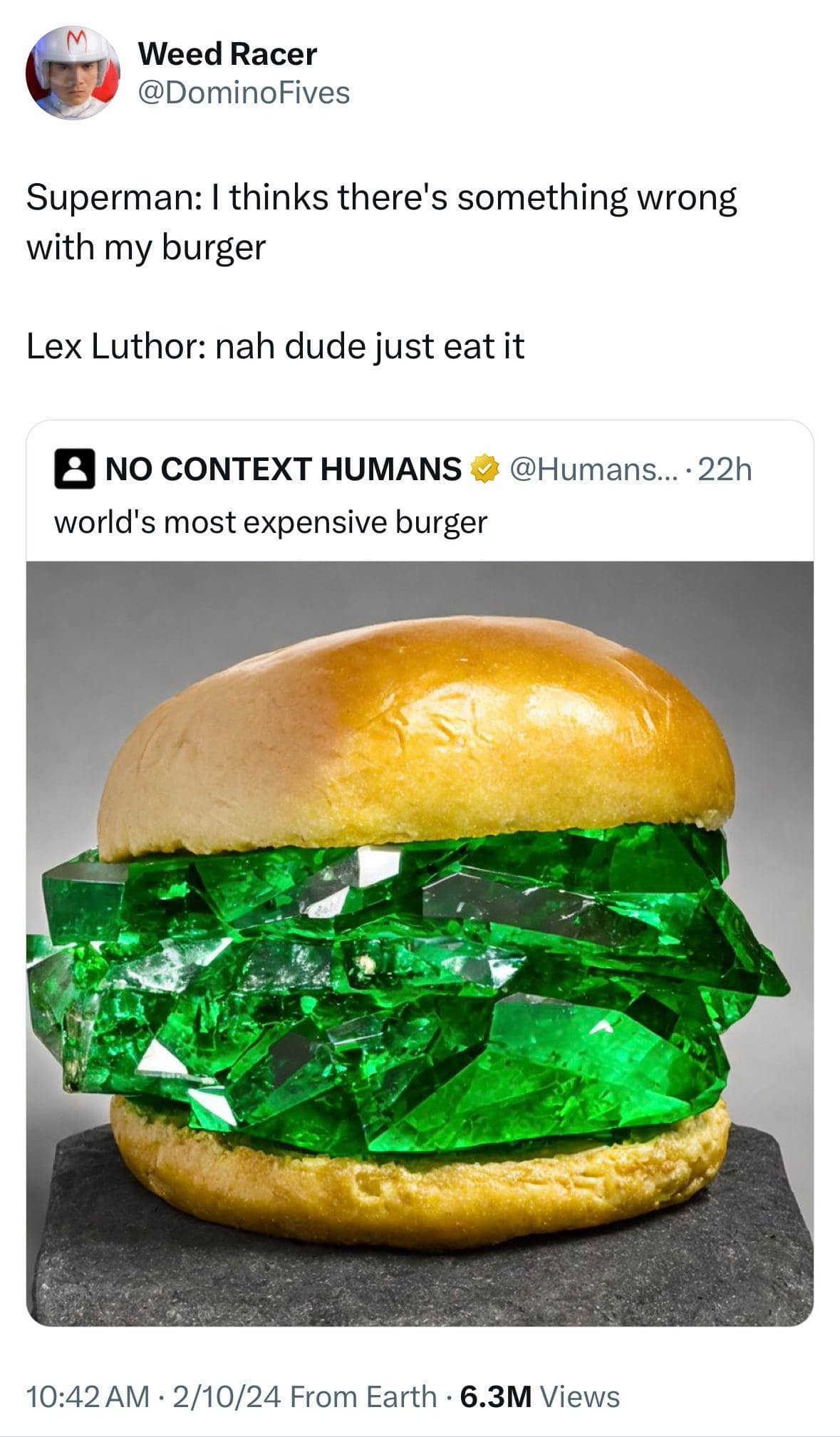 A brilliant comic book old meme showing a hamburger completely stuffed with massive, glowing green kryptonite crystals, accompanied by a joke where Lex Luthor casually tries to convince a suspicious Superman to just eat his food.