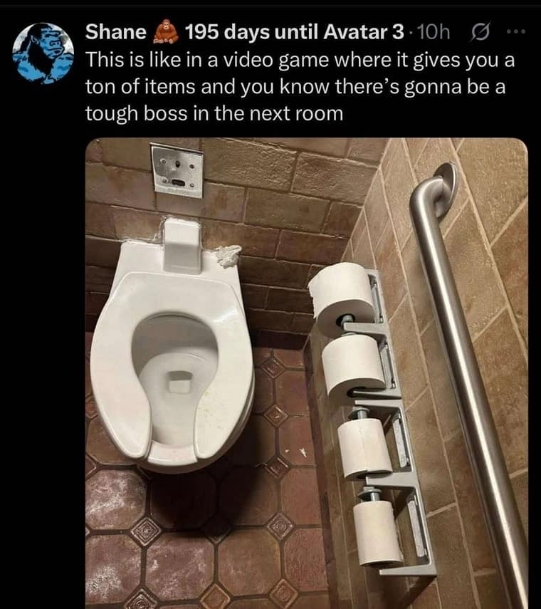 A highly observant gamer old meme showing a deeply concerning public restroom heavily stocked with five full rolls of toilet paper, joking that it feels exactly like a video game giving you massive healing loot right before a brutal boss fight.