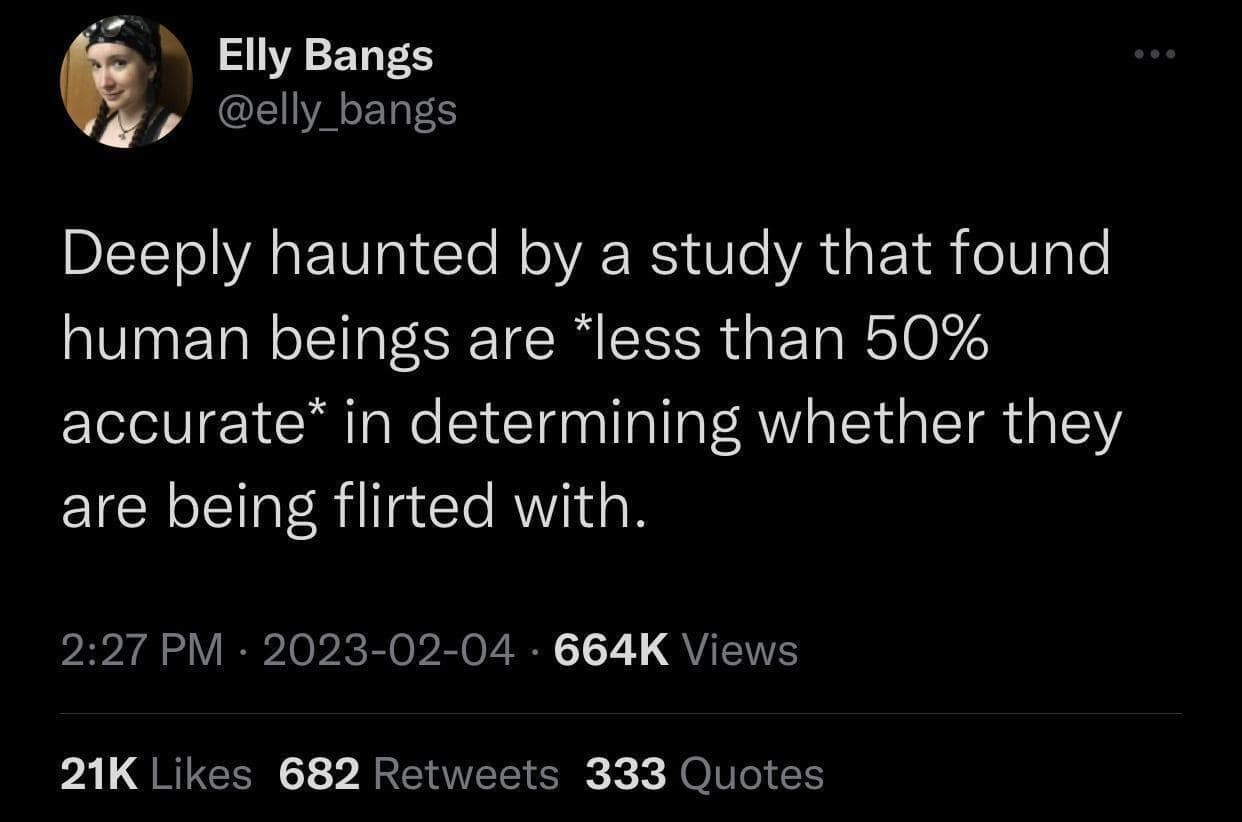 Relatable internet post about the haunting scientific reality that humans are terrible at recognizing flirting.