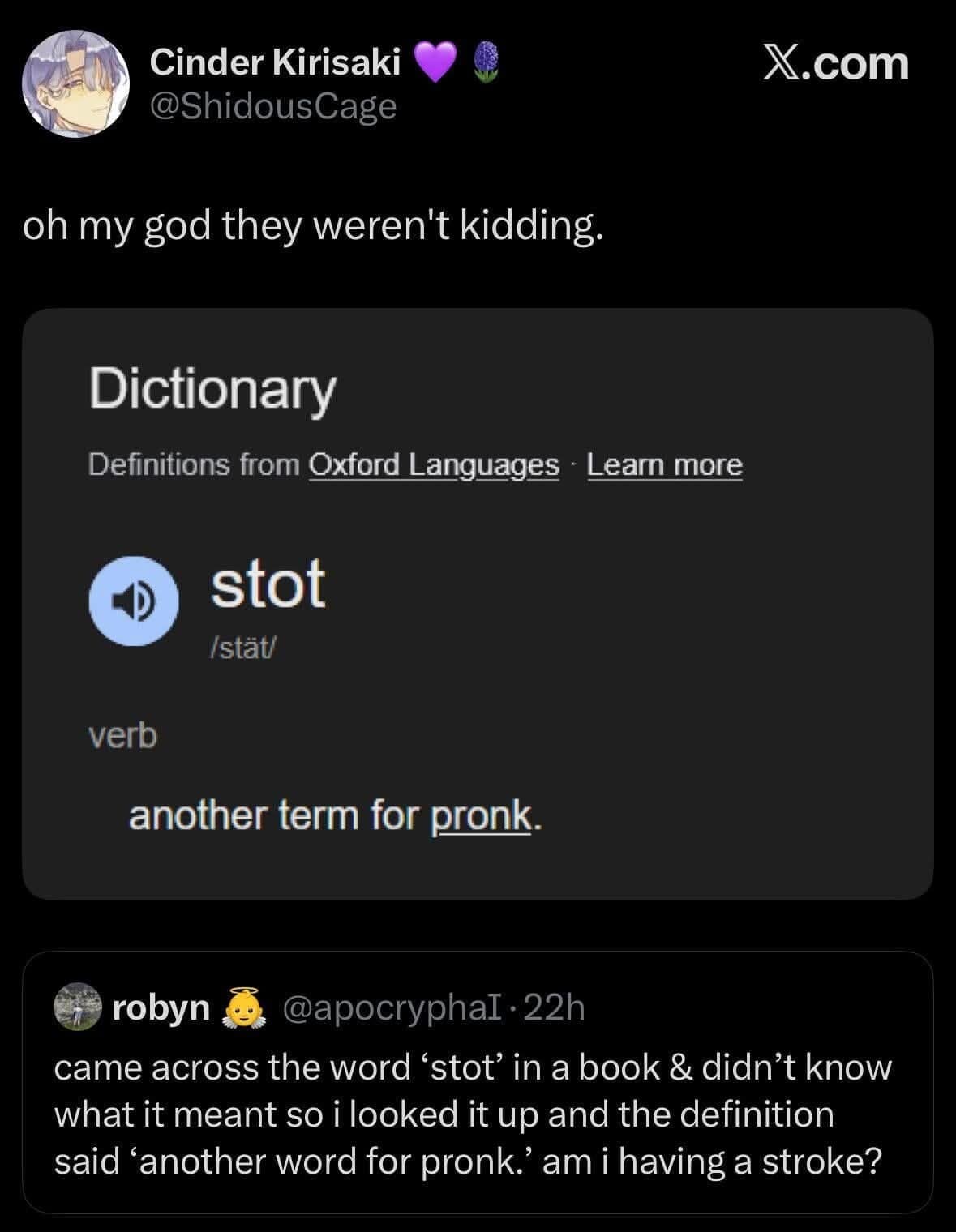 Hilarious online reaction to discovering the dictionary defines the obscure word stot simply as another word for pronk.