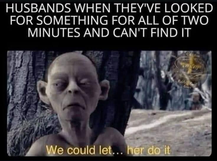 A vintage memes entry using Smeagol from Lord of the Rings to mock husbands who can't find things after looking for two minutes.