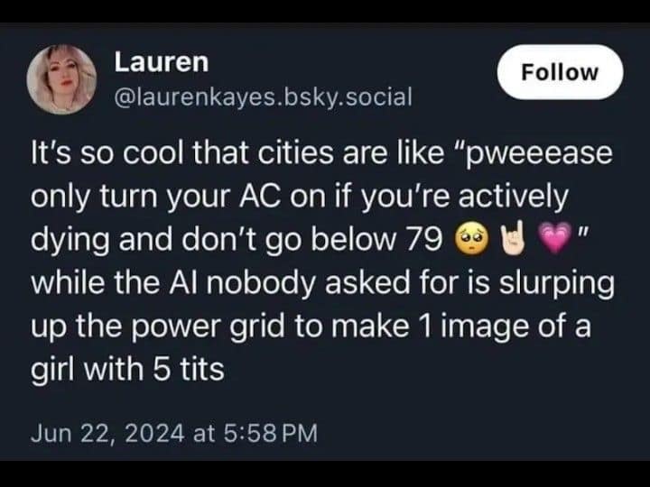 Relatable observation contrasting citizens saving AC power while AI image generators heavily drain the grid.