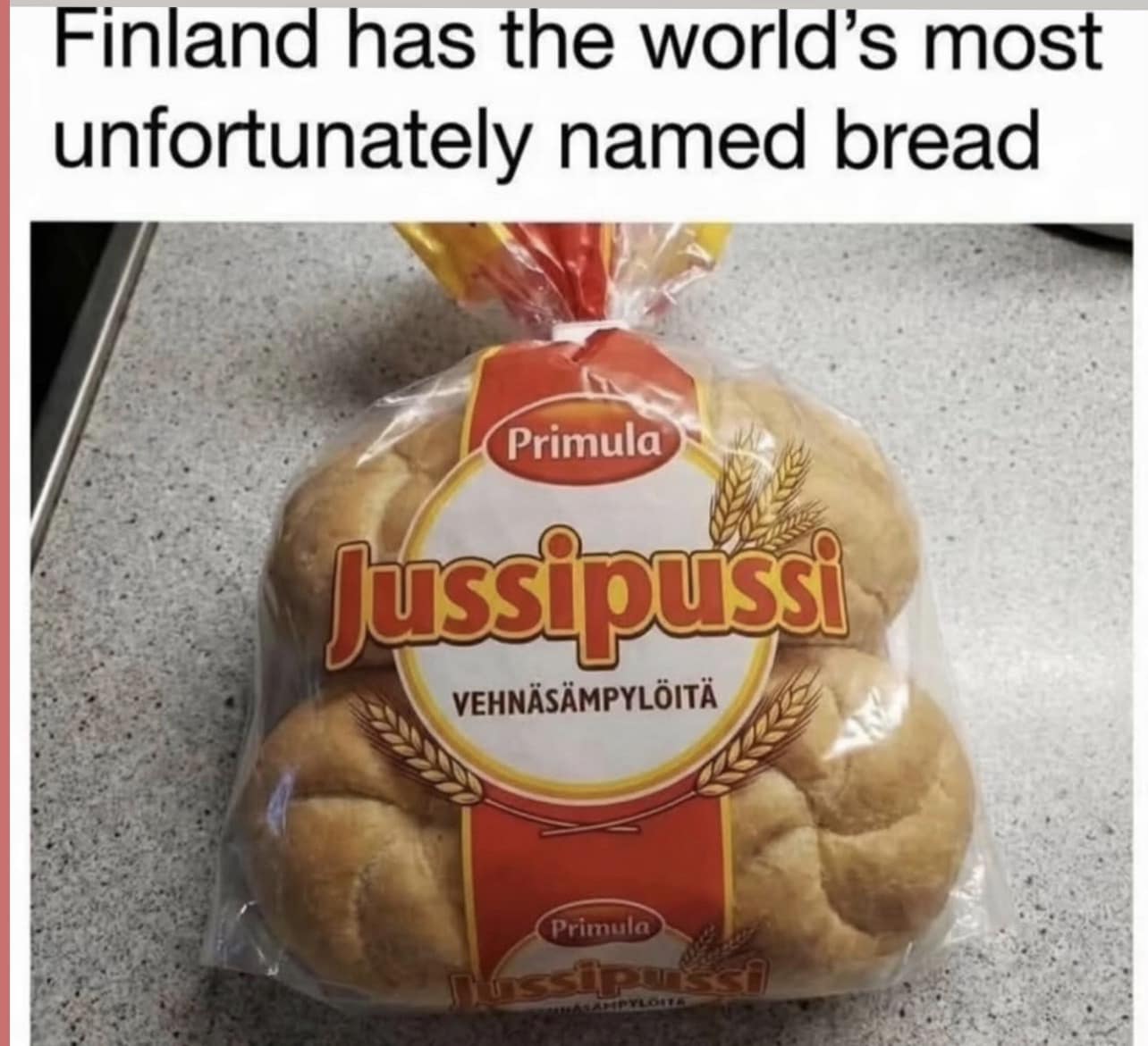 A linguistic fail classic meme showcasing a loaf of Finnish bread named "Jussipussi," which the caption notes is the "world's most unfortunately named bread" for English speakers.