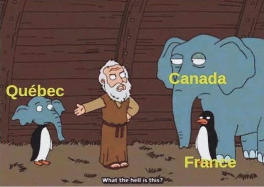 Classic meme: Family Guy Noah's Ark parody labeling Canada as an elephant, France as a penguin, and Quebec as a strange hybrid. Text: "What the hell is this?"