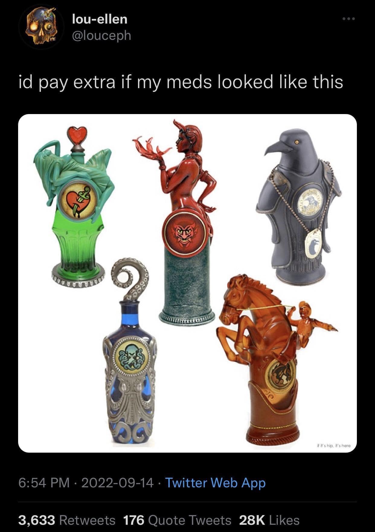 Viral tweet: ornate, fantasy-themed bottles shaped like ravens and devils. Text: "id pay extra if my meds looked like this."