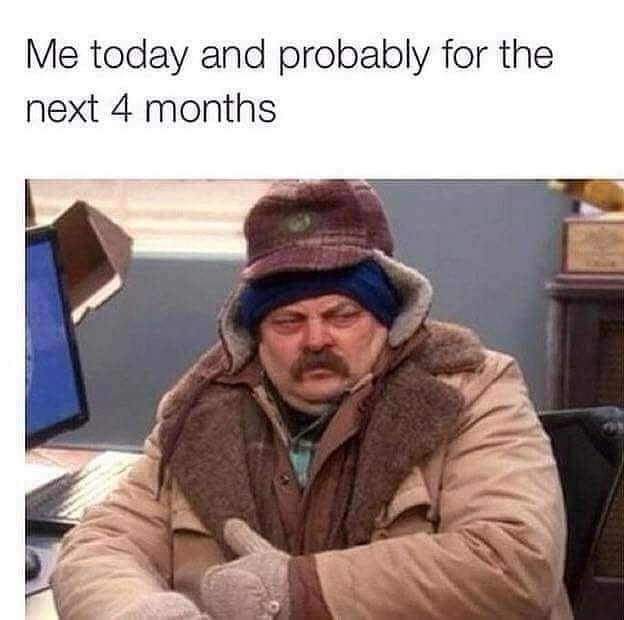 Vintage meme: Ron Swanson from Parks and Rec bundled in winter gear giving a thumbs up. Text: "Me today and probably for the next 4 months."