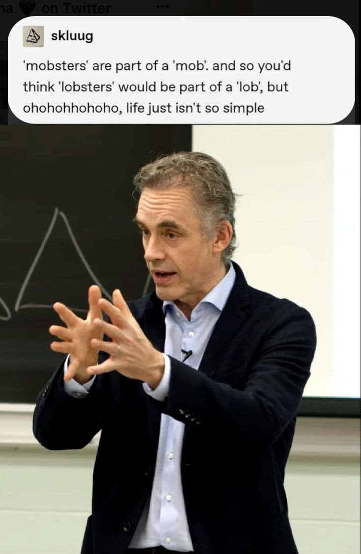 Classic meme: Jordan Peterson lecturing with a caption about wordplay. Text: "'mobsters' are part of a 'mob'... you'd think 'lobsters' would be part of a 'lob'... life just isn't so simple."