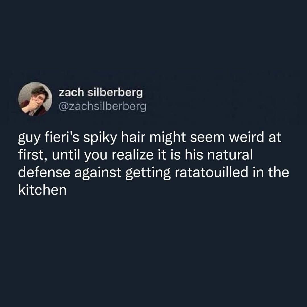 A viral tweet theorizing that Guy Fieri's spiky hair is a natural defense mechanism against being controlled by a rat like in Ratatouille.