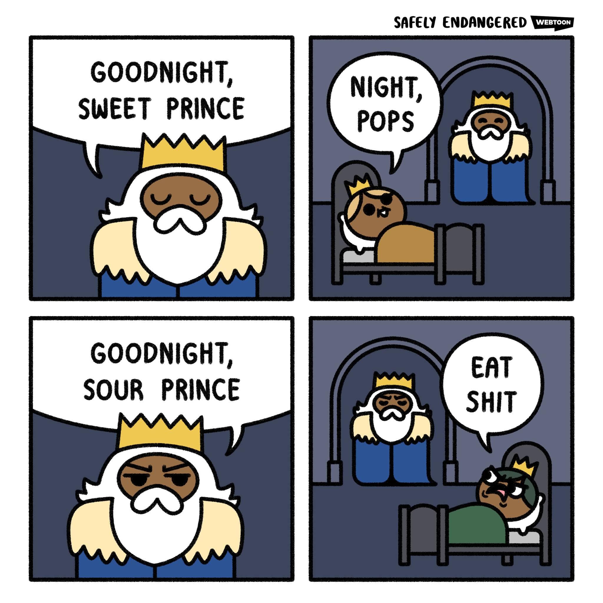 A classic meme comic strip showing a King saying goodnight to his "sweet prince" and telling his "sour prince" to "eat sh*t."