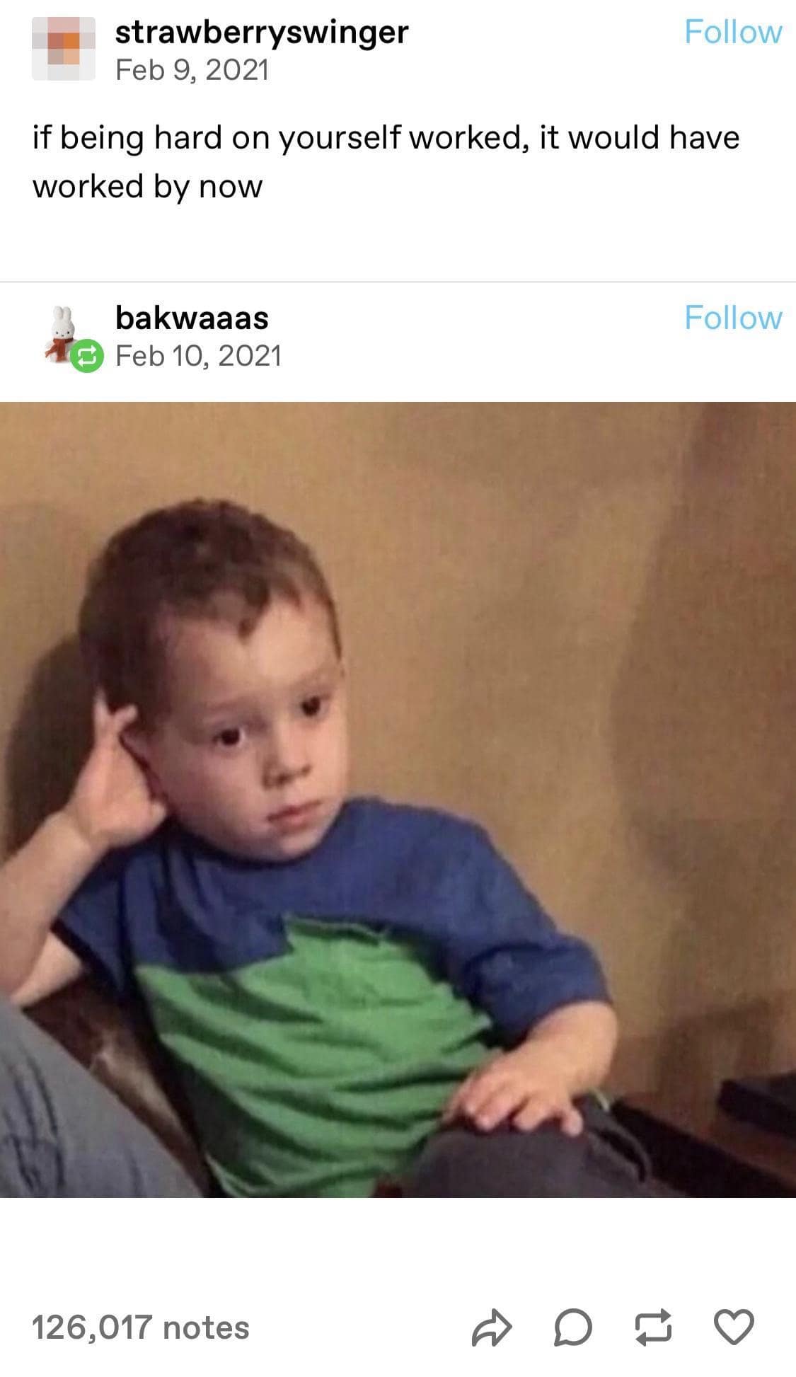 A viral tweet featuring a relaxed kid leaning back, captioned "if being hard on yourself worked, it would have worked by now."