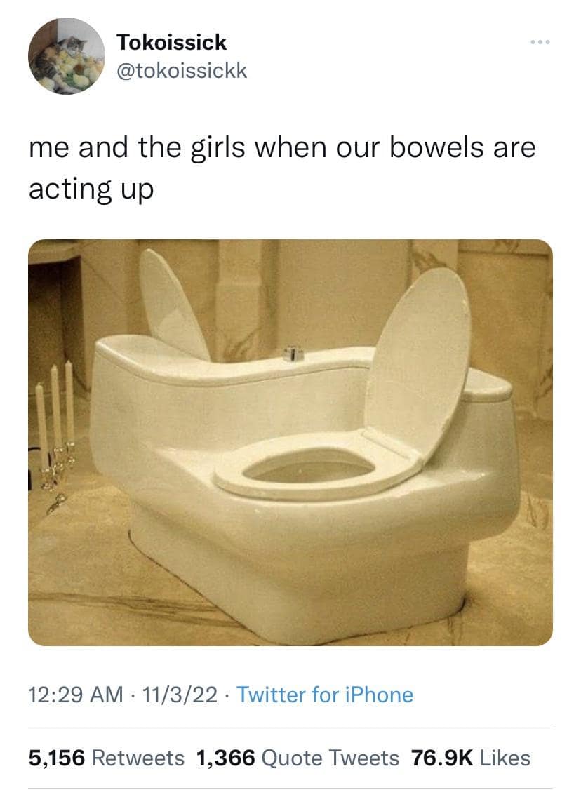 A bizarre bathroom classic meme showing a cursed "communal toilet" design with three seats facing each other, captioned "me and the girls when our bowels are acting up."
