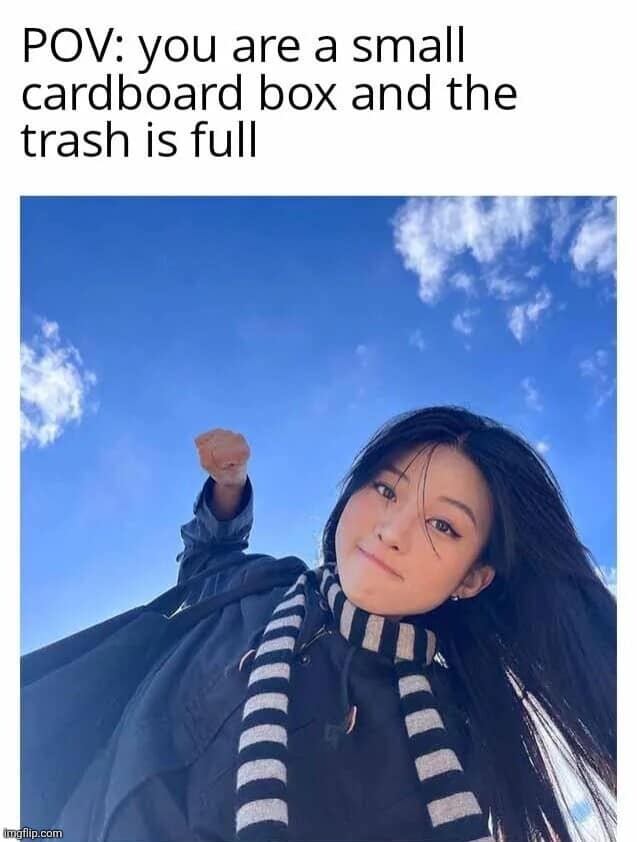 A POV classic meme from the perspective of a cardboard box in a full trash can, looking up at a girl preparing to stomp it down to make more room.