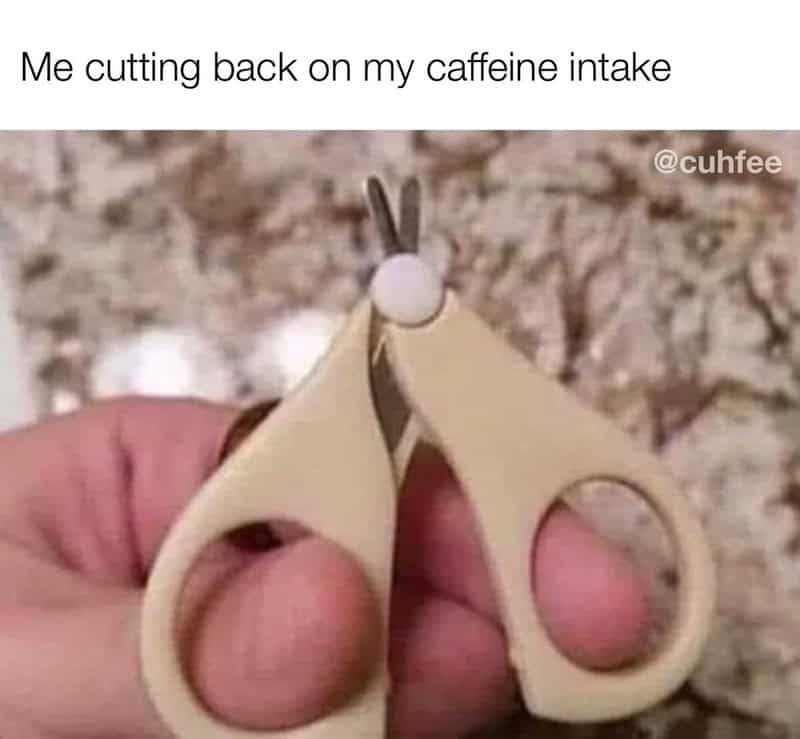 Coffee meme: A close-up of fingers holding a pair of extremely tiny miniature scissors. Text: "Me cutting back on my caffeine intake"