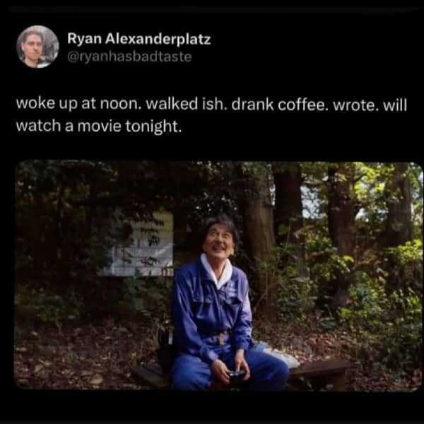 Tweet describing a person's simple yet fulfilling day of waking up late and writing.