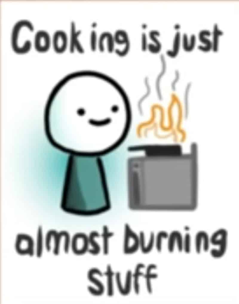 A highly accurate, minimalist cooking memes illustration showing a smiling cartoon character casually standing next to a blazing stove fire, stating the absolute truth that "Cooking is just almost burning stuff."