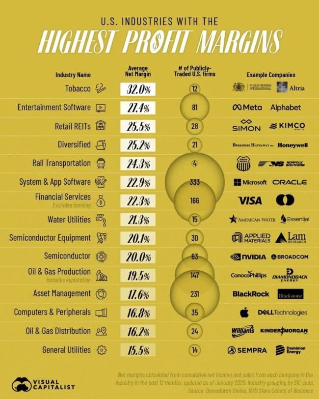 A cool infographic chart by Visual Capitalist showing U.S. industries with the highest profit margins, led by Tobacco and Entertainment Software.