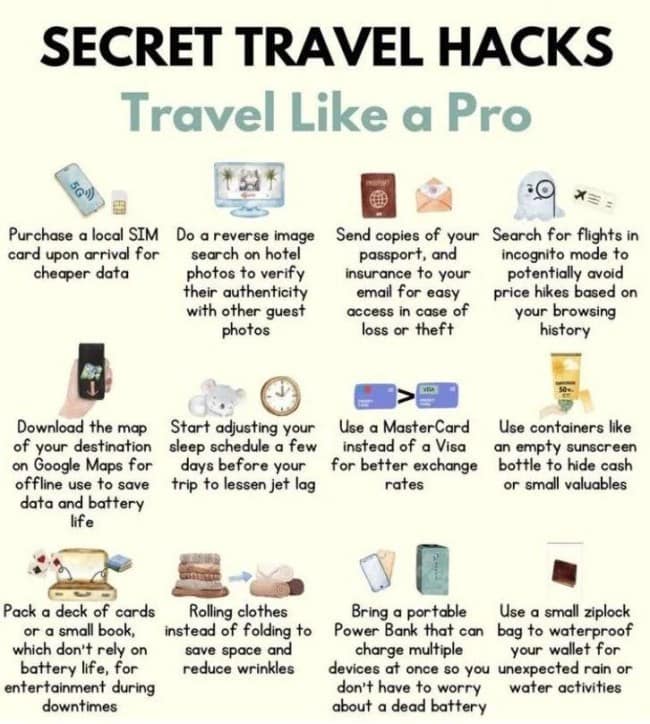 A cool infographic listing "Secret Travel Hacks" like using an empty sunscreen bottle to hide valuables and downloading offline maps.