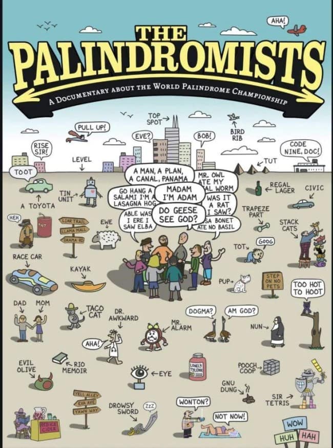 A cool infographic poster titled "The Palindromists" illustrating various palindromes like "Race Car," "Taco Cat," and "Madam I'm Adam."